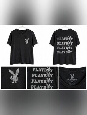 PLAYBOY Black Short Sleeve Tee with Repeat Logo Back and Small Front Bunny